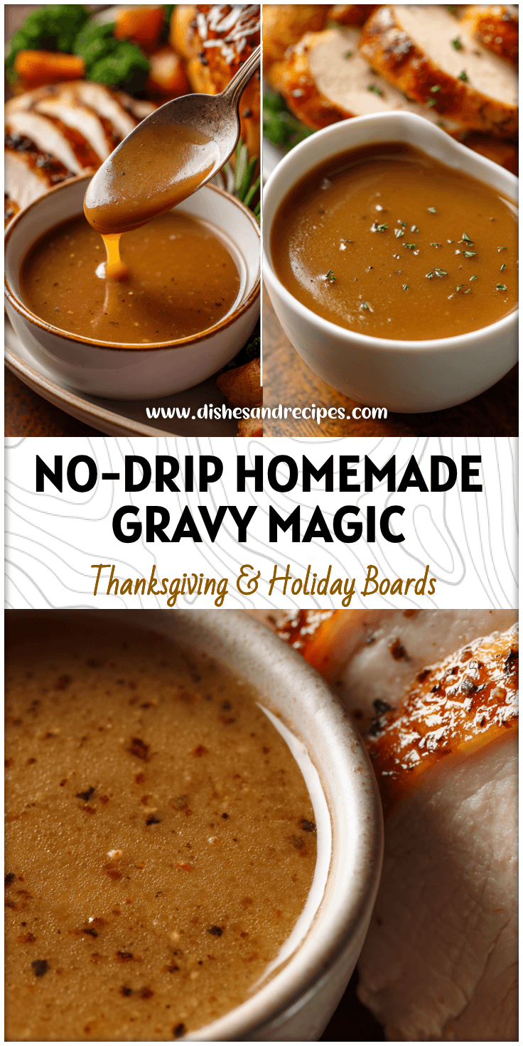 Close-up of smooth homemade gravy without drippings served beside roasted turkey breast slices.